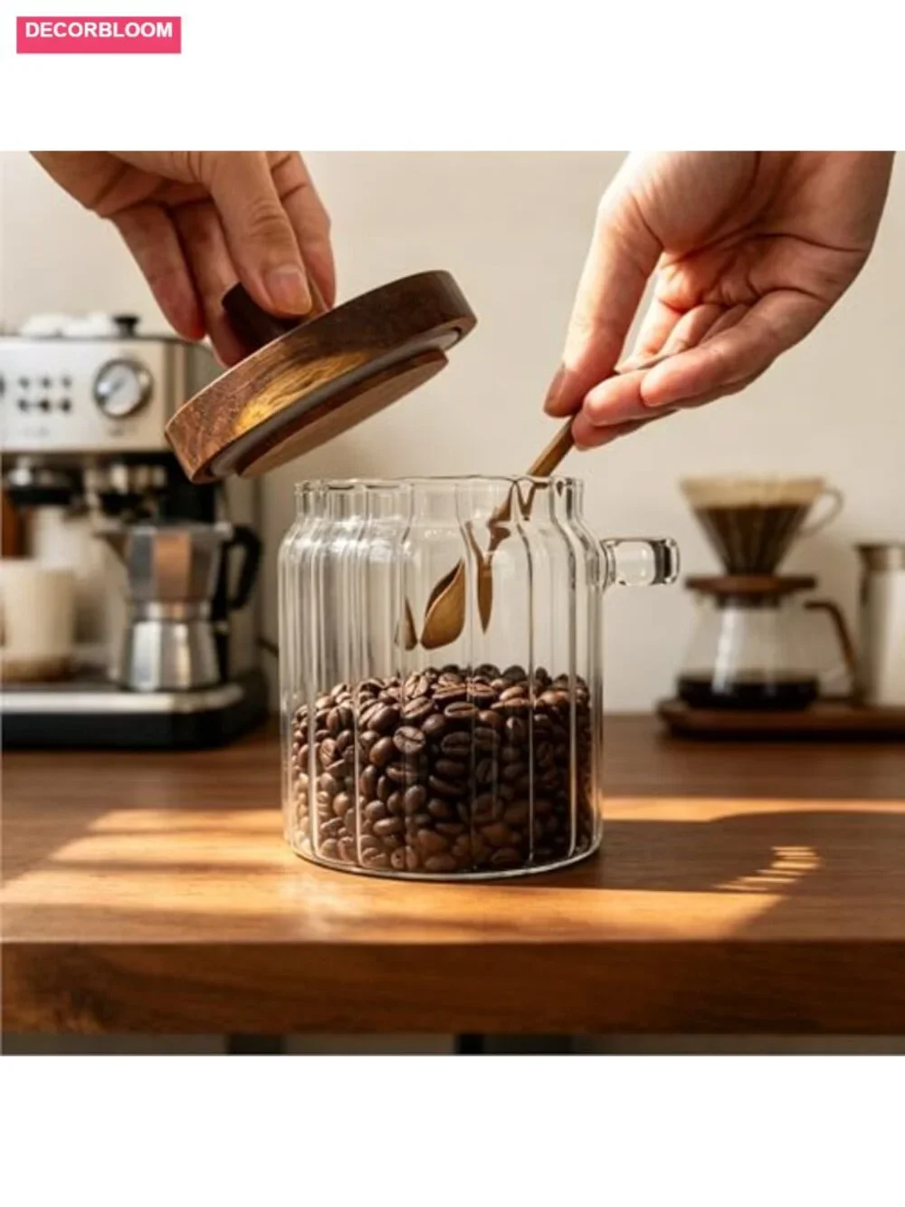 Striped Glass Food Storage Jar with Acacia Wood Lid and Spoon 13.5oz